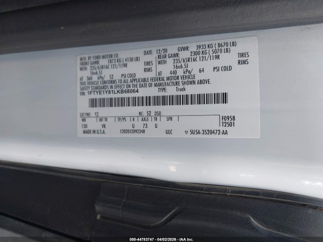 Продаж на аукціоні авто 2020 Ford Transit-150, vin: 1FTYE1Y81LKB68064, номер лоту: 44783747