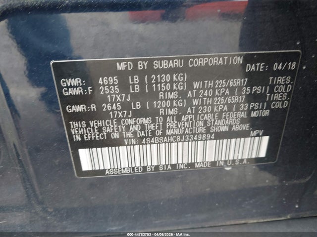 44783753 :رقم المزاد ، 4S4BSAHC8J3349894 vin ، 2018 Subaru Outback 2.5i Premium مزاد بيع