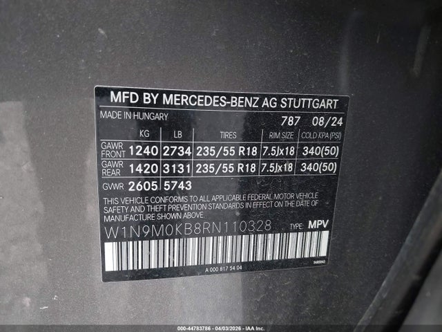 Aukcja sprzedaży 2024 Mercedes-benz Eqb 300 Suv 4matic, vin: W1N9M0KB8RN110328, numer aukcji: 44783786