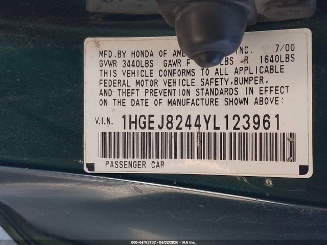2000 Honda Civic Ex მანქანა იყიდება აუქციონზე, vin: 1HGEJ8244YL123961, აუქციონის ნომერი: 44783792