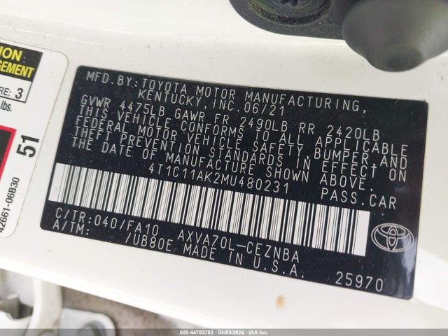 Toyota CAMRY LE 2021 4T1C11AK2MU480231 Image 9