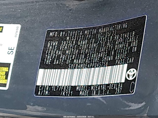 44783802 :رقم المزاد ، 5YFB4MDE4PP045758 vin ، 2023 Toyota Corolla Le مزاد بيع