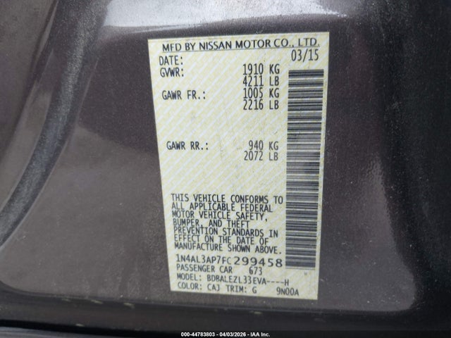 Nissan Altima 2.5 S 2015 1N4AL3AP7FC299458 Image 9
