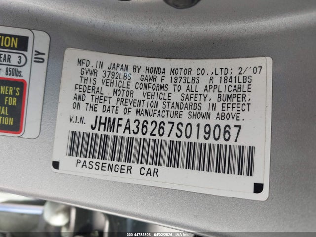 2007 Honda Civic Hybrid მანქანა იყიდება აუქციონზე, vin: JHMFA36267S019067, აუქციონის ნომერი: 44783808