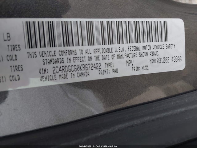 2019 Dodge Grand Caravan Sxt მანქანა იყიდება აუქციონზე, vin: 2C4RDGCG0KR672422, აუქციონის ნომერი: 44783812