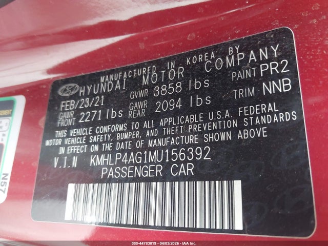 Auction sale of the 2021 Hyundai Elantra Limited, vin: KMHLP4AG1MU156392, lot number: 44783819