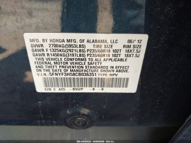 Aukcja sprzedaży 2012 Honda Pilot Ex-l, vin: 5FNYF3H58CB036351, numer aukcji: 44783833