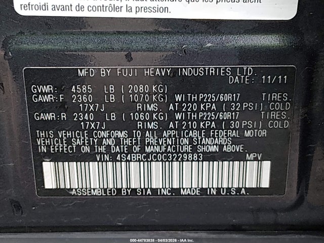 2012 Subaru Outback 2.5i Limited მანქანა იყიდება აუქციონზე, vin: 4S4BRCJC0C3229883, აუქციონის ნომერი: 44783838