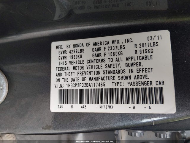 Aukcja sprzedaży 2011 Honda Accord 2.4 Lx, vin: 1HGCP2F32BA117485, numer aukcji: 44783841