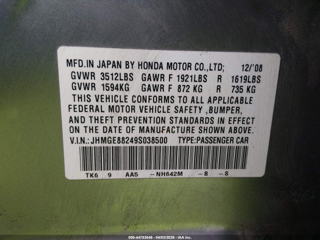 2009 Honda Fit მანქანა იყიდება აუქციონზე, vin: JHMGE88249S038500, აუქციონის ნომერი: 44783846
