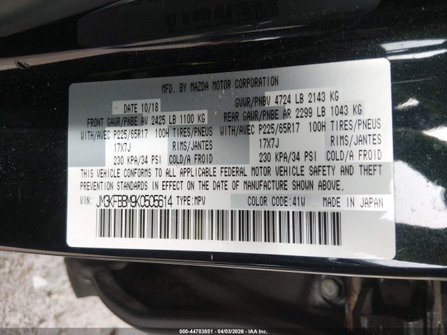 44783851 :رقم المزاد ، JM3KFBBM9K0505614 vin ، 2019 Mazda Cx-5 Sport مزاد بيع