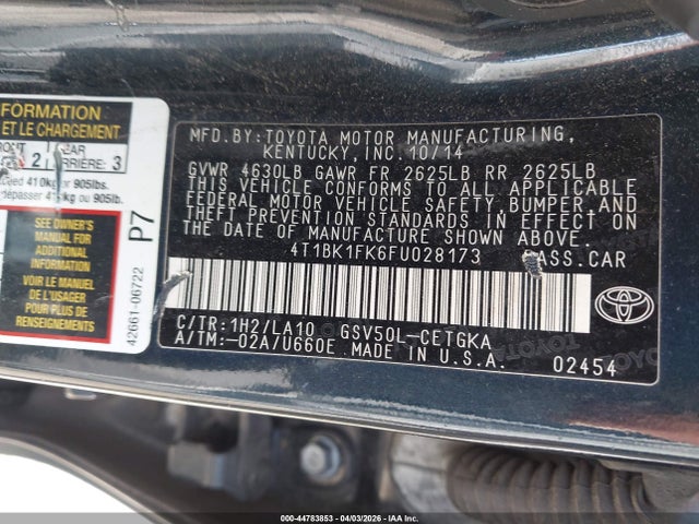 4T1BK1FK6FU028173 Toyota Camry Xle V6