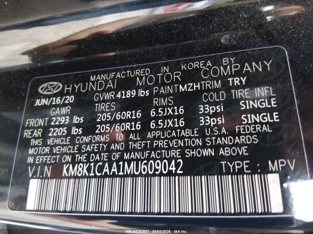 Продажа на аукционе авто 2021 Hyundai Kona Se, vin: KM8K1CAA1MU609042, номер лота: 44783857