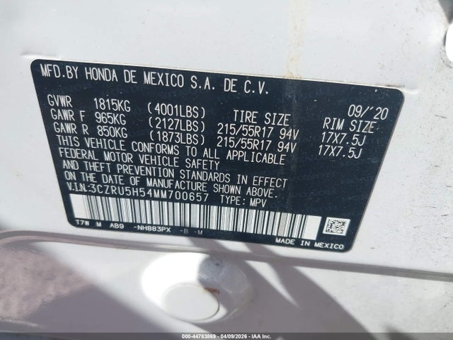 2021 Honda Hr-v 2wd Ex მანქანა იყიდება აუქციონზე, vin: 3CZRU5H54MM700657, აუქციონის ნომერი: 44783869