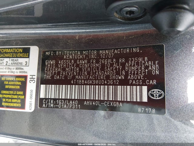 Aukcja sprzedaży 2008 Toyota Camry Hybrid, vin: 4T1BB46K98U043612, numer aukcji: 44783880