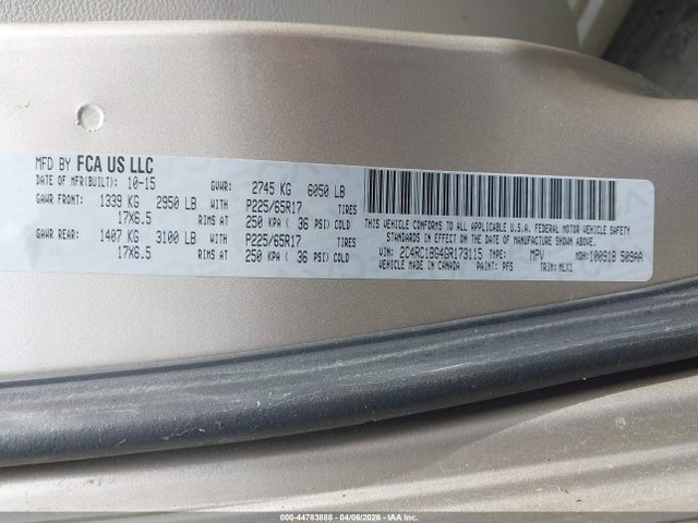 Aukcja sprzedaży 2016 Chrysler Town & Country Touring, vin: 2C4RC1BG4GR173115, numer aukcji: 44783888