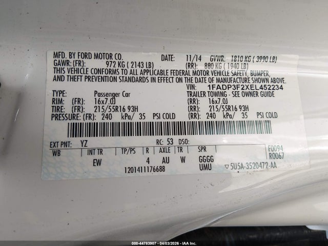 2014 Ford Focus Se მანქანა იყიდება აუქციონზე, vin: 1FADP3F2XEL452234, აუქციონის ნომერი: 44783907