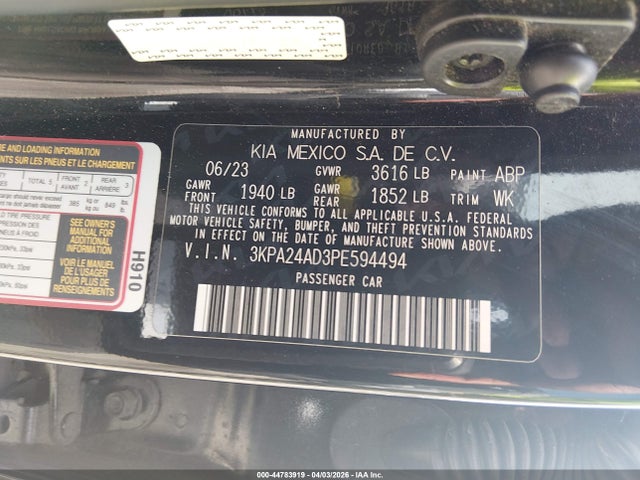 Продажа на аукционе авто 2023 Kia Rio Lx, vin: 3KPA24AD3PE594494, номер лота: 44783919