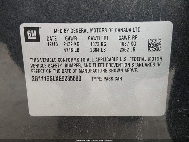 Продажа на аукционе авто 2014 Chevrolet Impala 1lt, vin: 2G1115SLXE9235680, номер лота: 44783943