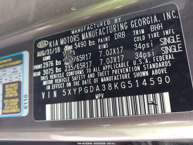 2019 Kia Sorento 2.4l Lx მანქანა იყიდება აუქციონზე, vin: 5XYPGDA38KG514590, აუქციონის ნომერი: 44783944