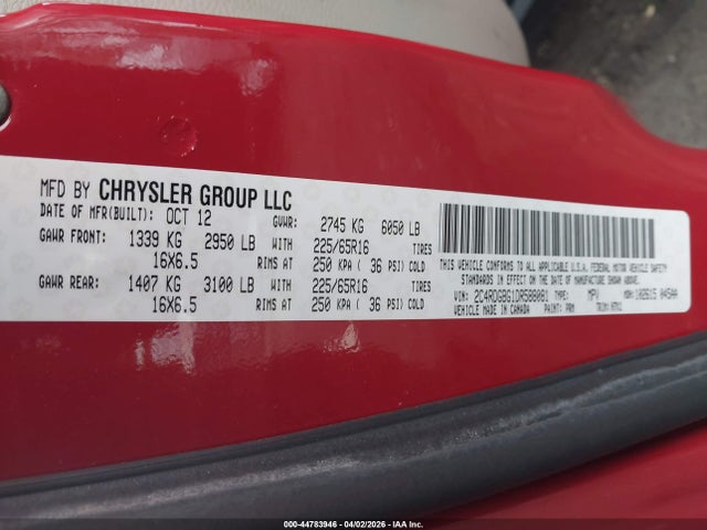 2013 Dodge Grand Caravan American Value Pkg მანქანა იყიდება აუქციონზე, vin: 2C4RDGBG1DR588081, აუქციონის ნომერი: 44783946