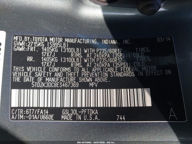 5TDZK3DC8ES467369 Toyota Sienna L V6 7 Passenger