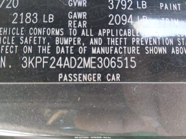 3KPF24AD2ME306515 KIA Forte Lxs