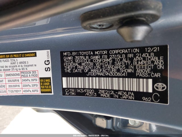 2022 Toyota Corolla Le მანქანა იყიდება აუქციონზე, vin: JTDEPMAE9N3008641, აუქციონის ნომერი: 44783981