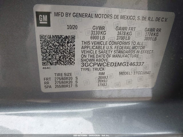 Продаж на аукціоні авто 2021 Chevrolet Silverado 1500 2wd  Short Bed Lt, vin: 3GCPWCED1MG146337, номер лоту: 44783984