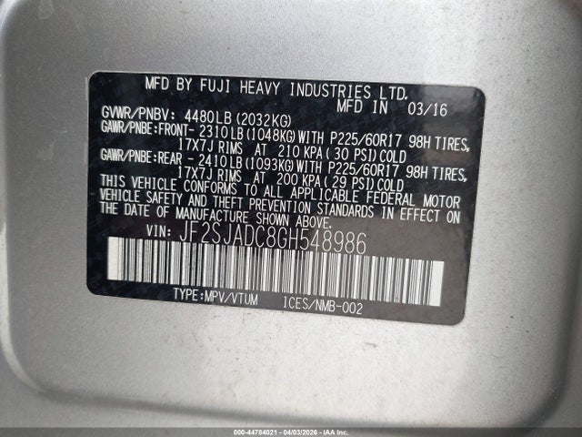 Aukcja sprzedaży 2016 Subaru Forester 2.5i Premium, vin: JF2SJADC8GH548986, numer aukcji: 44784021