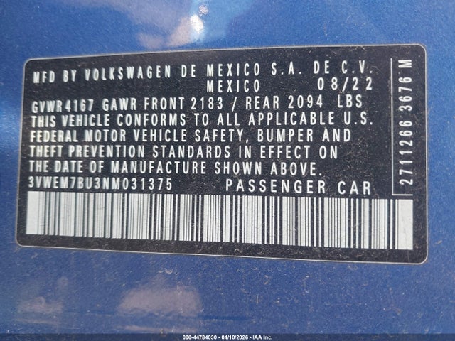 44784030 :رقم المزاد ، 3VWEM7BU3NM031375 vin ، 2022 Volkswagen Jetta 1.5t Se مزاد بيع