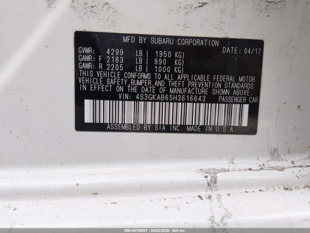 44784047 :رقم المزاد ، 4S3GKAB65H3616643 vin ، 2017 Subaru Impreza 2.0i Premium مزاد بيع
