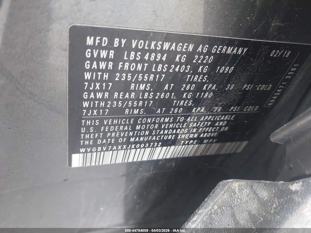 Продаж на аукціоні авто 2018 Volkswagen Tiguan Limited 2.0t, vin: WVGBV7AXXJK003732, номер лоту: 44784059