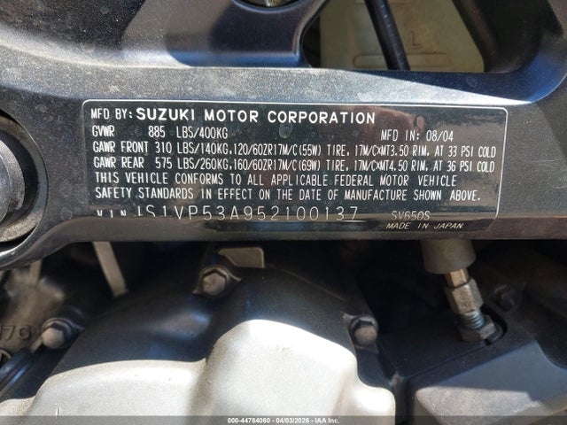 44784060 :رقم المزاد ، JS1VP53A952100137 vin ، 2005 Suzuki Sv650 مزاد بيع