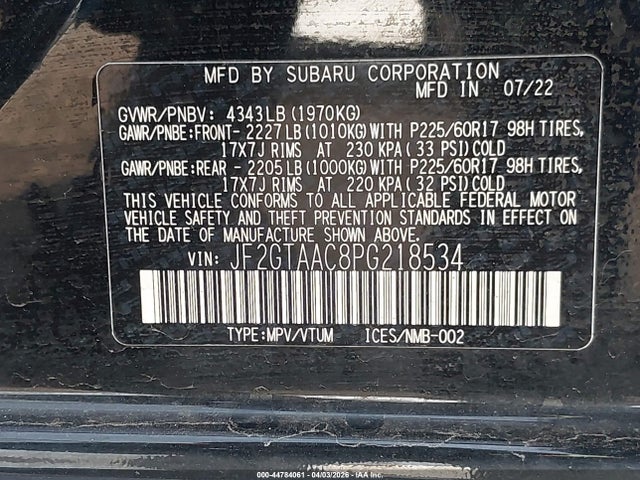 Aukcja sprzedaży 2023 Subaru Crosstrek, vin: JF2GTAAC8PG218534, numer aukcji: 44784061