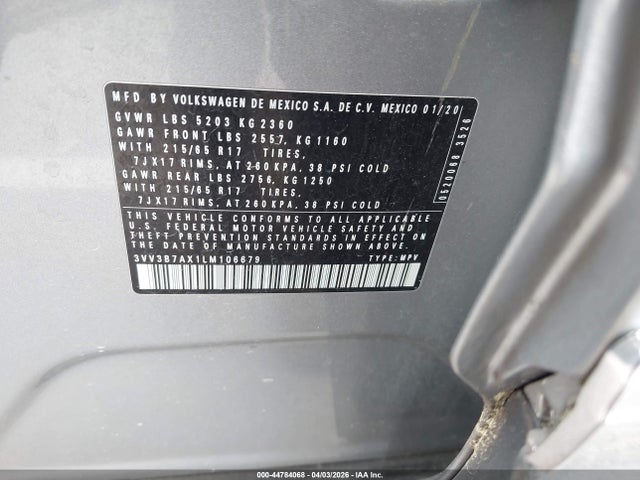 Продаж на аукціоні авто 2020 Volkswagen Tiguan 2.0t Se/2.0t Se R-line Black/2.0t Sel, vin: 3VV3B7AX1LM106679, номер лоту: 44784068