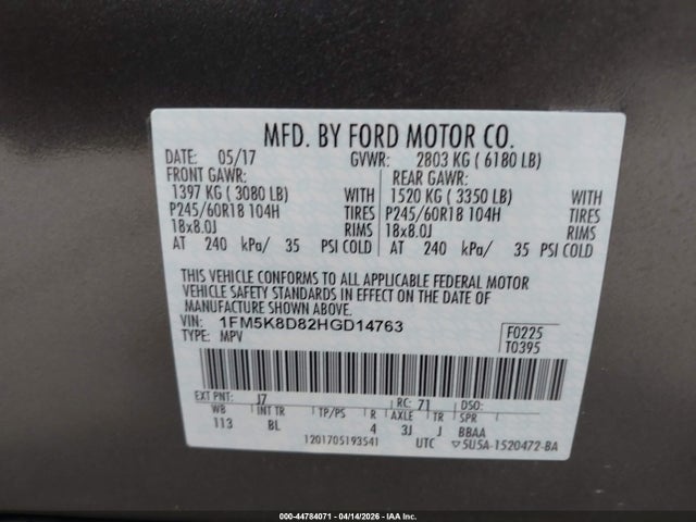 1FM5K8D82HGD14763 Ford EXPLORER XLT