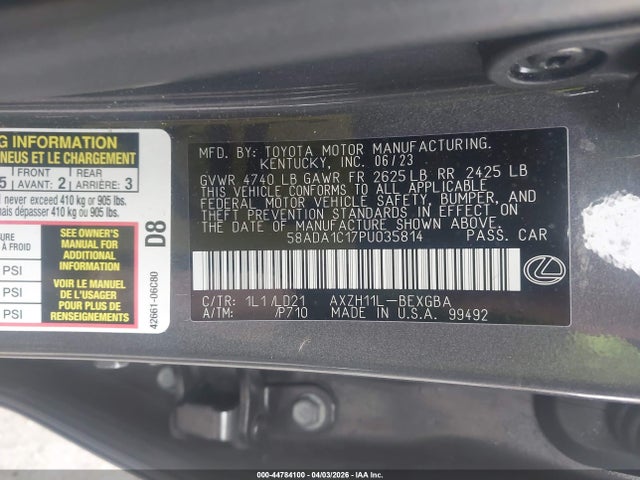 Продажа на аукционе авто 2023 Lexus Es 300h, vin: 58ADA1C17PU035814, номер лота: 44784100