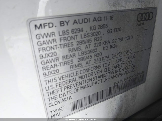 44784107 :رقم المزاد ، WA1LHAF72HD038439 vin ، 2017 Audi Q7 2.0t Premium مزاد بيع