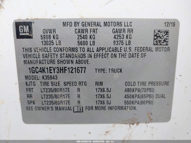 44784118 :رقم المزاد ، 1GC4K1EY3HF121677 vin ، 2017 Chevrolet Silverado 3500hd High Country مزاد بيع