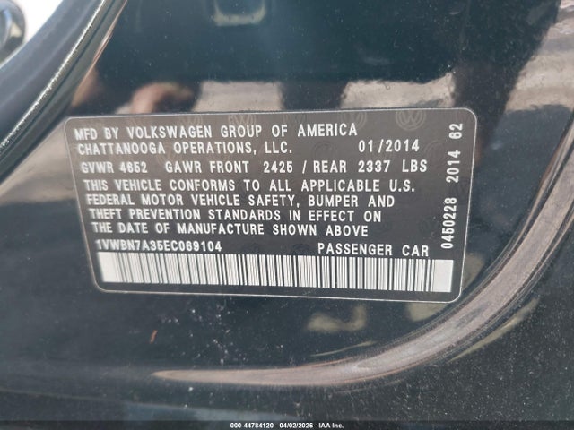 Aukcja sprzedaży 2014 Volkswagen Passat 2.0l Tdi Se, vin: 1VWBN7A35EC069104, numer aukcji: 44784120