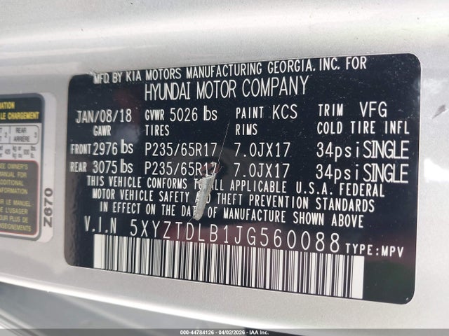 2018 Hyundai Santa Fe Sport 2.4l მანქანა იყიდება აუქციონზე, vin: 5XYZTDLB1JG560088, აუქციონის ნომერი: 44784126