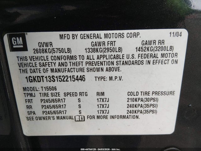 Продажа на аукционе авто 2005 Gmc Envoy Slt, vin: 1GKDT13S152215446, номер лота: 44784129