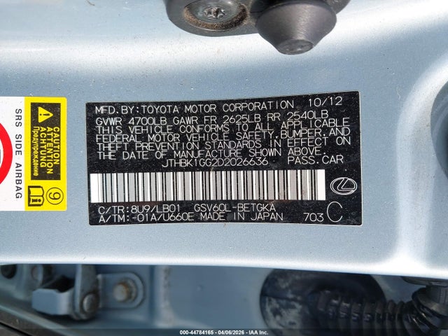 Aukcja sprzedaży 2013 Lexus Es 350, vin: JTHBK1GG2D2026636, numer aukcji: 44784165