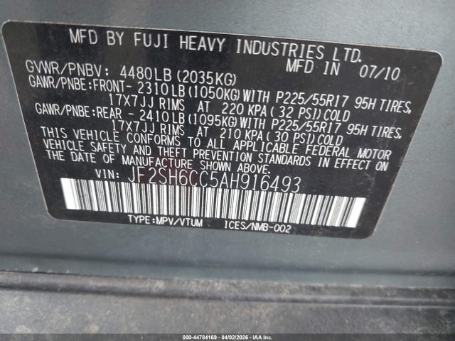 Aukcja sprzedaży 2010 Subaru Forester 2.5x Premium, vin: JF2SH6CC5AH916493, numer aukcji: 44784169