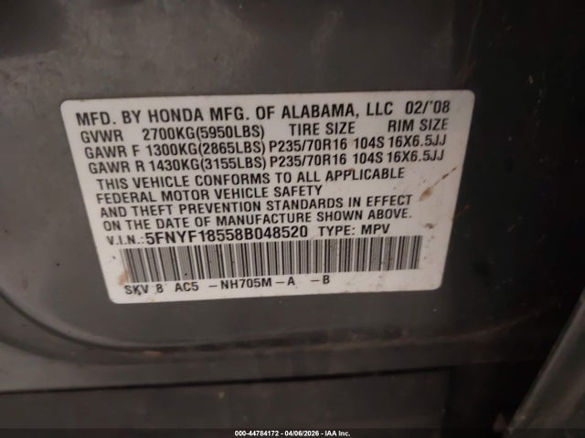 Продажа на аукционе авто 2008 Honda Pilot Ex-l, vin: 5FNYF18558B048520, номер лота: 44784172