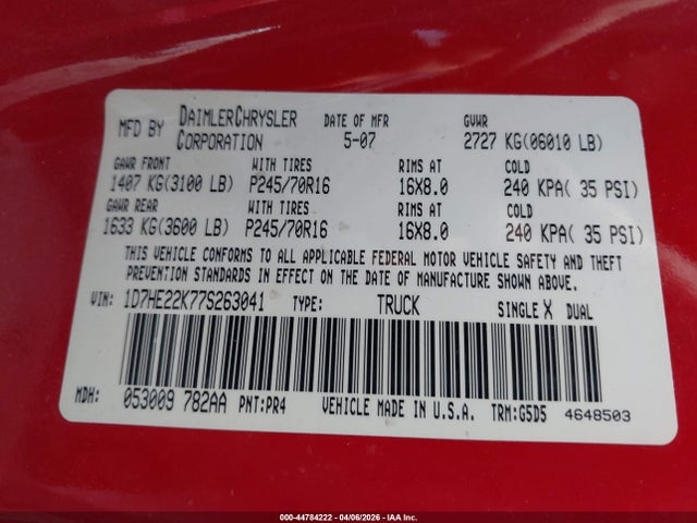 Продажа на аукционе авто 2007 Dodge Dakota St, vin: 1D7HE22K77S263041, номер лота: 44784222