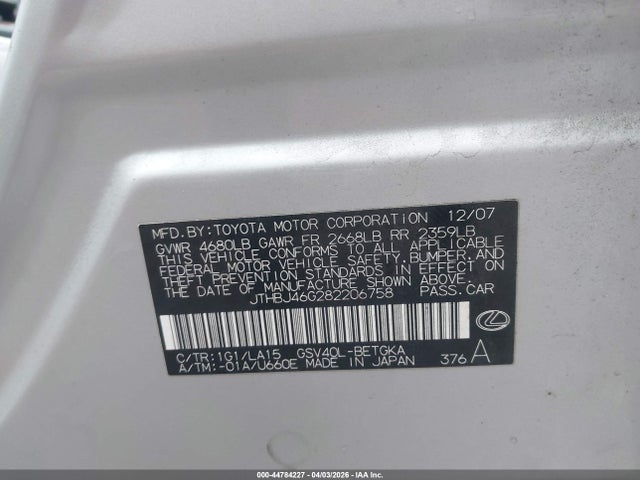 Продаж на аукціоні авто 2008 Lexus Es 350, vin: JTHBJ46G282206758, номер лоту: 44784227