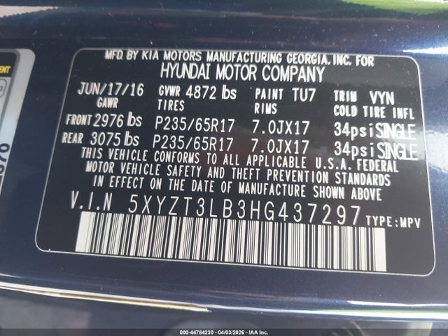 2017 Hyundai Santa Fe Sport 2.4l მანქანა იყიდება აუქციონზე, vin: 5XYZT3LB3HG437297, აუქციონის ნომერი: 44784230