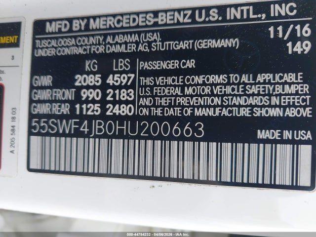 44784232 :رقم المزاد ، 55SWF4JB0HU200663 vin ، 2017 Mercedes-benz C 300 مزاد بيع